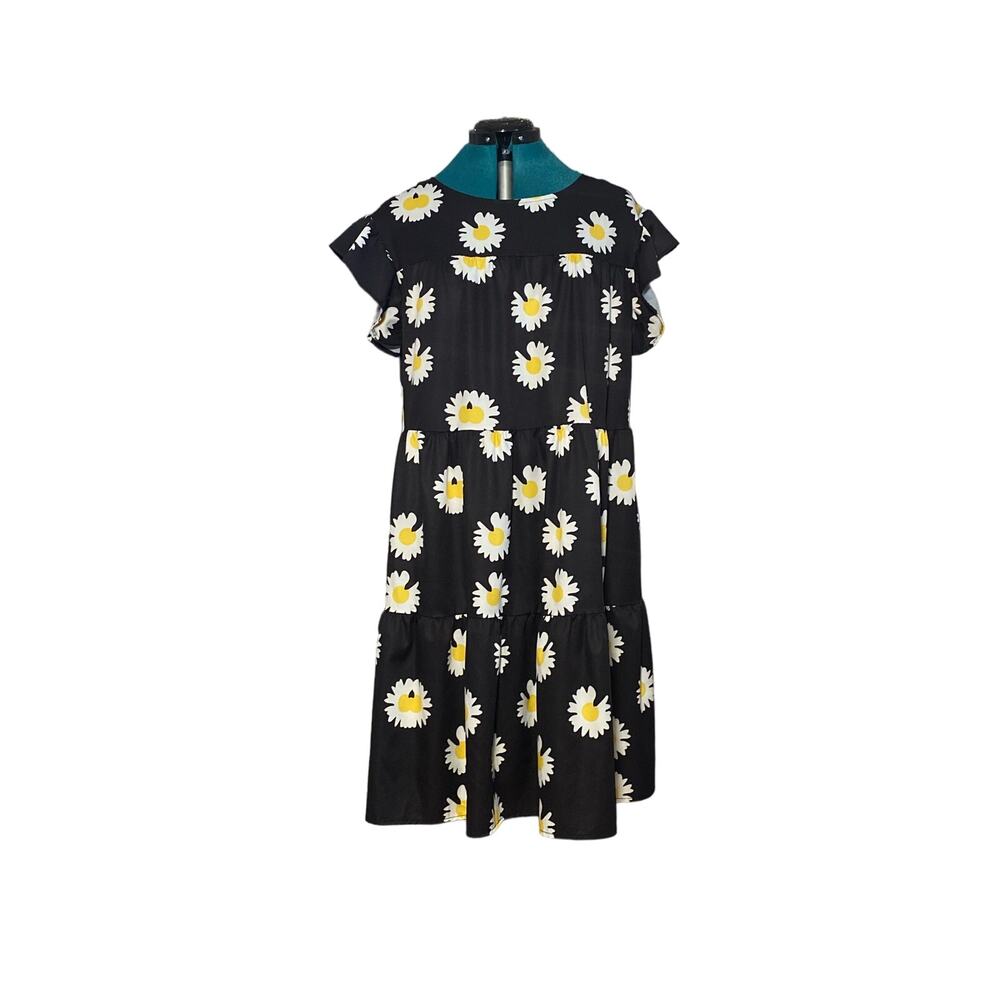 Dress Ruffle Sleeve Floral Black with White Flowers